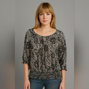 Thanx Collection Black White Lace Print Blouse 3X Smocked Hem Peasant Top Boho